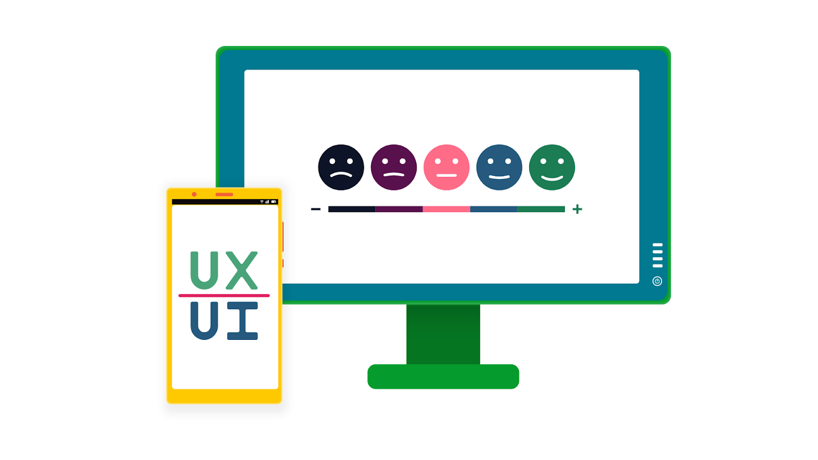 Monitor screen and mobile phone screen with UX icons