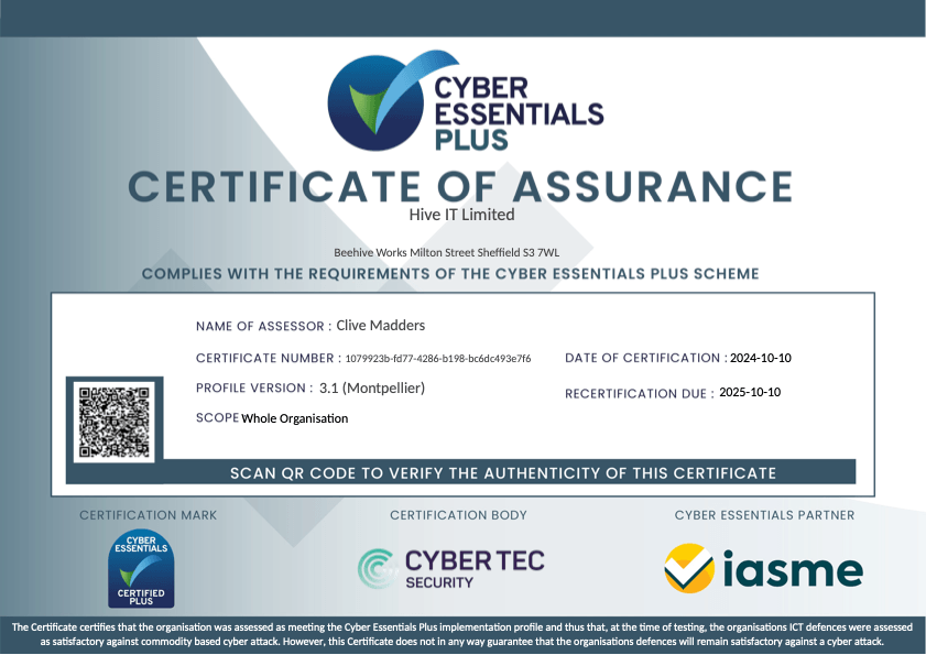 Cyber essentials certificate, certificate number 1ASME-CEP-010402