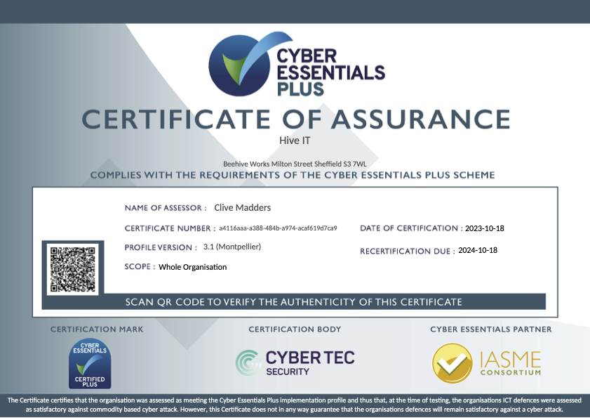 Cyber essentials certificate, certificate number 1ASME-CEP-010402